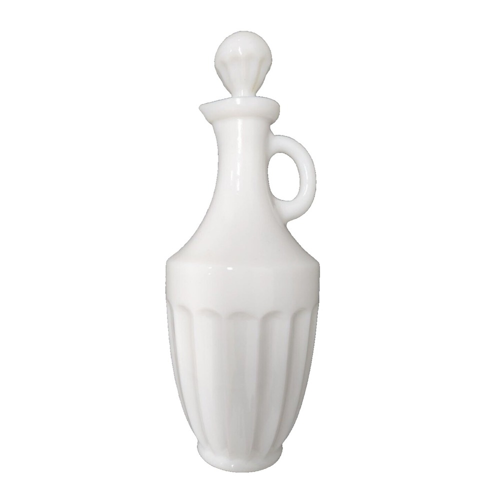 Vintage Lefton White Milk Glass Oil Decanter Bottle With Stopper And Handle MCM